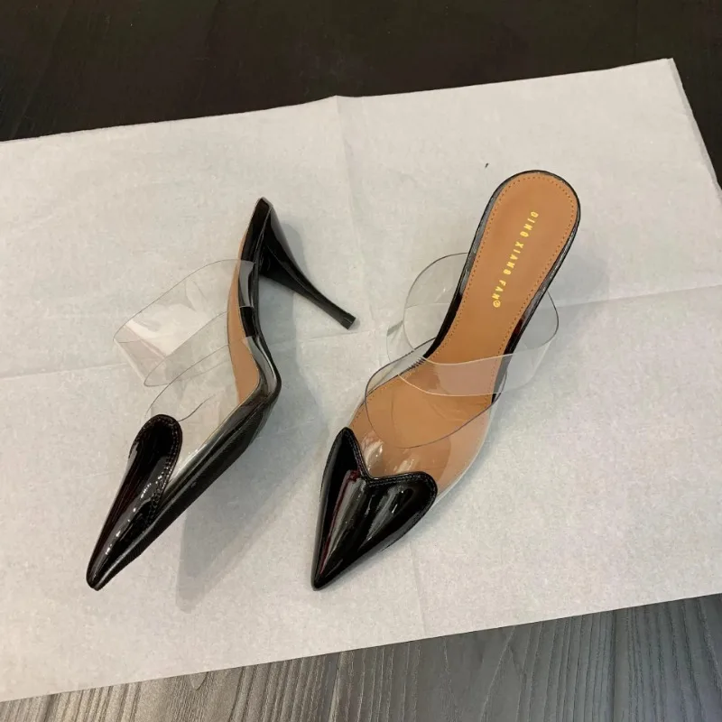 2024Patent Leather PVC Pumps Stiletto Sandals Pointed Toe  Straps Heart Detailing at the Toes High Heel Slippers Wedding Shoes