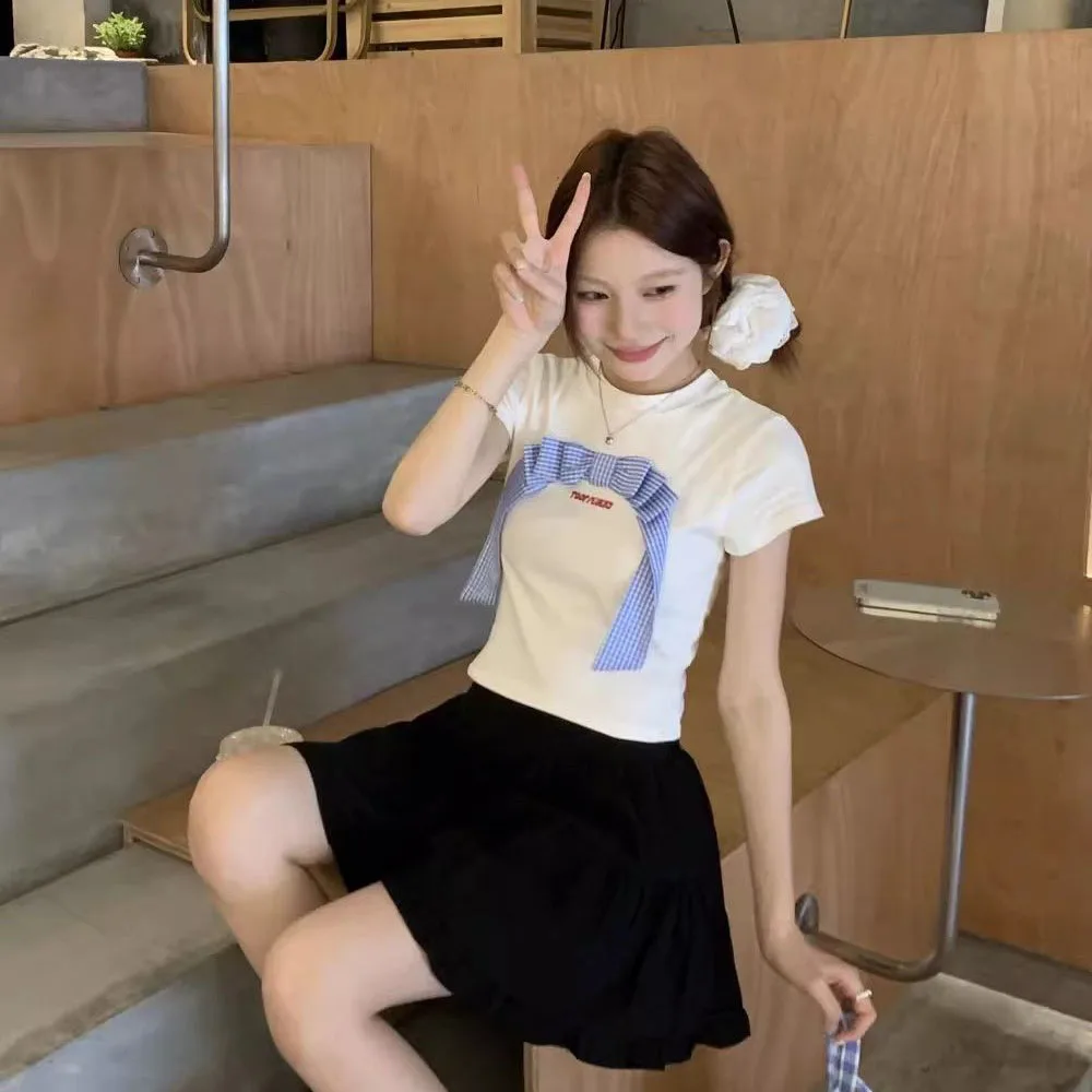 Woman Clothing Sweet White O-Neck Bow Short Sleeve T-Shirts Summer Women New Design Letter Print Crop Top Female Cute Slim Tees