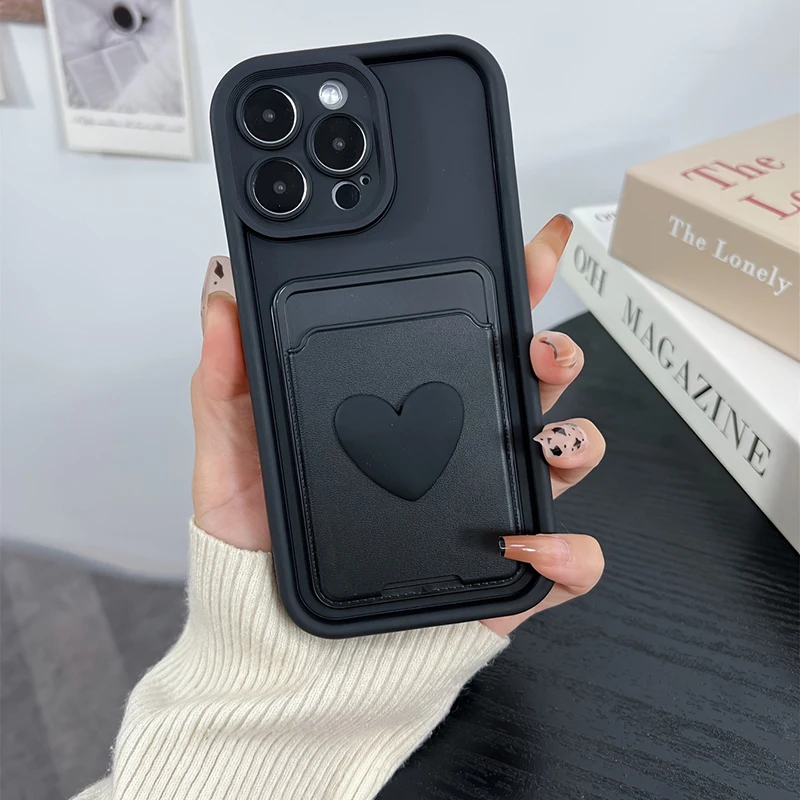 3d amor coração cartão saco slot titular bolso caso para iphone 16 15 14 13 12 11 17 pro max xs x 7 8 plus capa de silicone à prova de choque