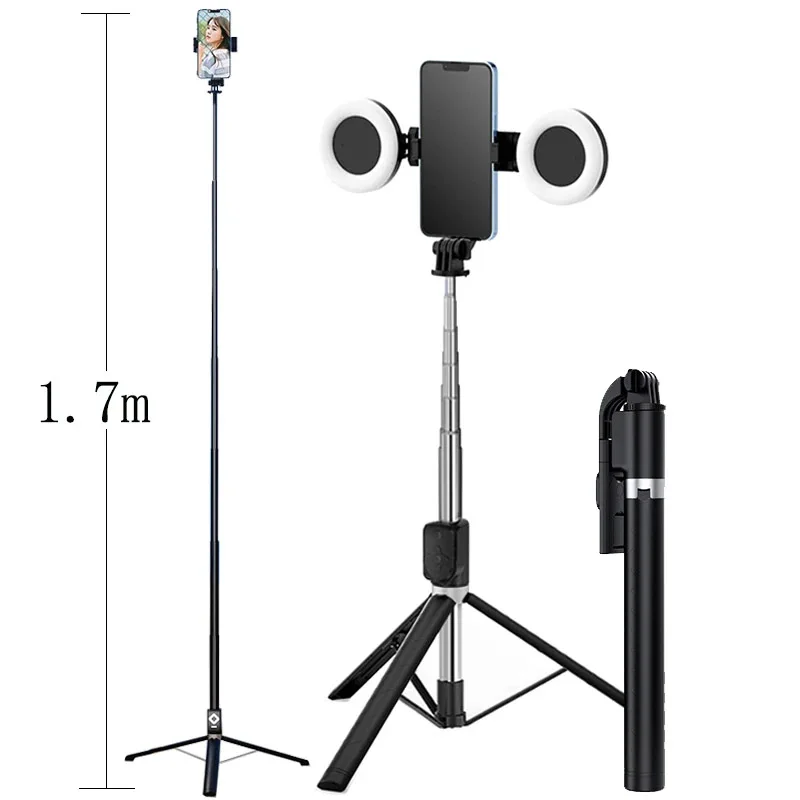 Trípode Extensible de 1.7m con Anillo de Luz LED Dual, Soporte para Espejo y Montaje para Teléfono 4 en 1 para iPhone X, 8, 11 y Android