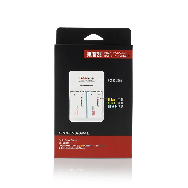 Soshine-cargador rápido de batería de 9V, 2 piezas, 680 mah, 9V, batería recargable de iones de litio