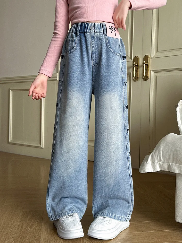 Girls\' Spring Thin Side Seam Embroidered Bowknot Jeans Loose Straight Wide Leg Denim Pants Teenagers Pure Color Washed Trousers