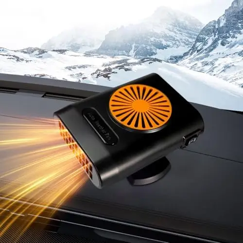 

12V 200W Portable Car Heater with 360° Rotation – Windshield Defogger & Defroster – Cigarette Lighter Plug (Orange/Black)