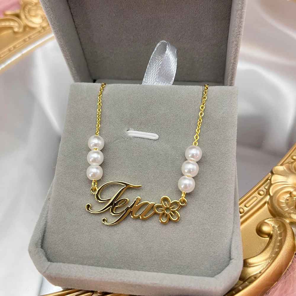 Stainless steel custom pearl necklace custom nameplate Flower Necklace female