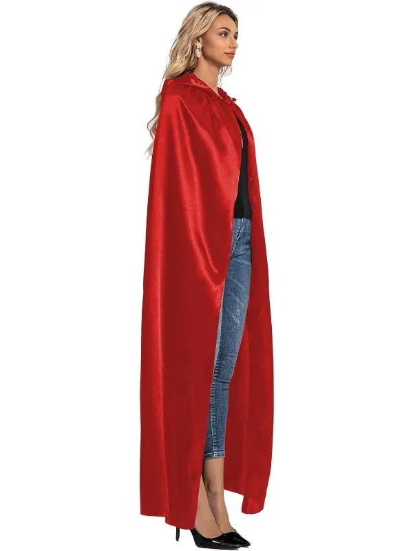 Red Satin loween  Hooded Cloak Cosplay Stage Costume Bright Surface Treaent Women's Ethnic Wear T Top