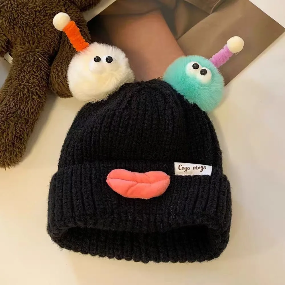 

Korean Style Sausage Mouth Beanie Soft Windproof Cartoon Knitting Hat Candy Color Thickened Plush Pullover Hats Cycling Riding