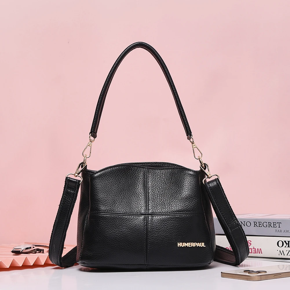 HUMERPAUL Women Genuine Leather Shoulder Crossbody Bag 2 Removable Straps Multi Pockets Large Capacity Ladies Daily Handbag