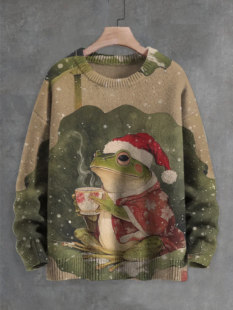 

Men's Christmas Snowflake Frog Drinks Tea Art Print Knit Sweatshirt Women For Men Sweater