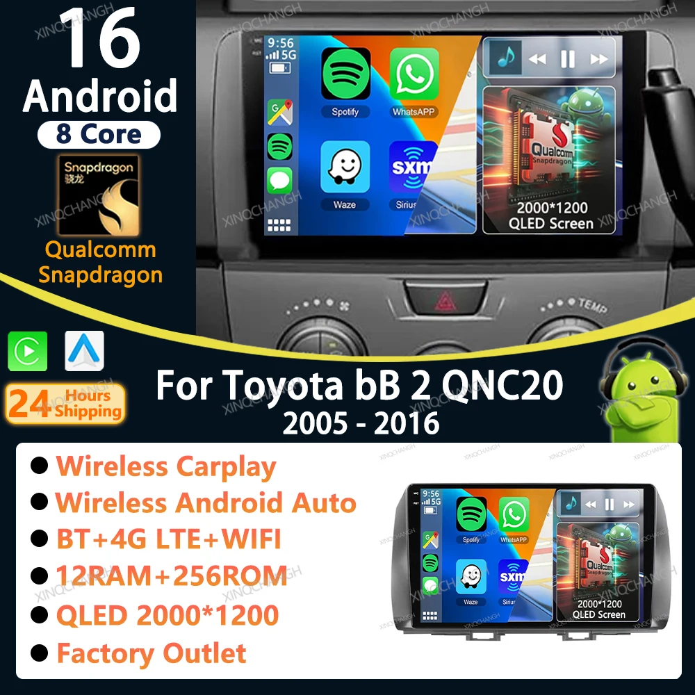 Android 16 Car Radio Carplay Auto For Toyota BB 2 QNC20 2005 - 2016 Video Audio Dash Fitting Panel Kit Player Stereo Head Unit