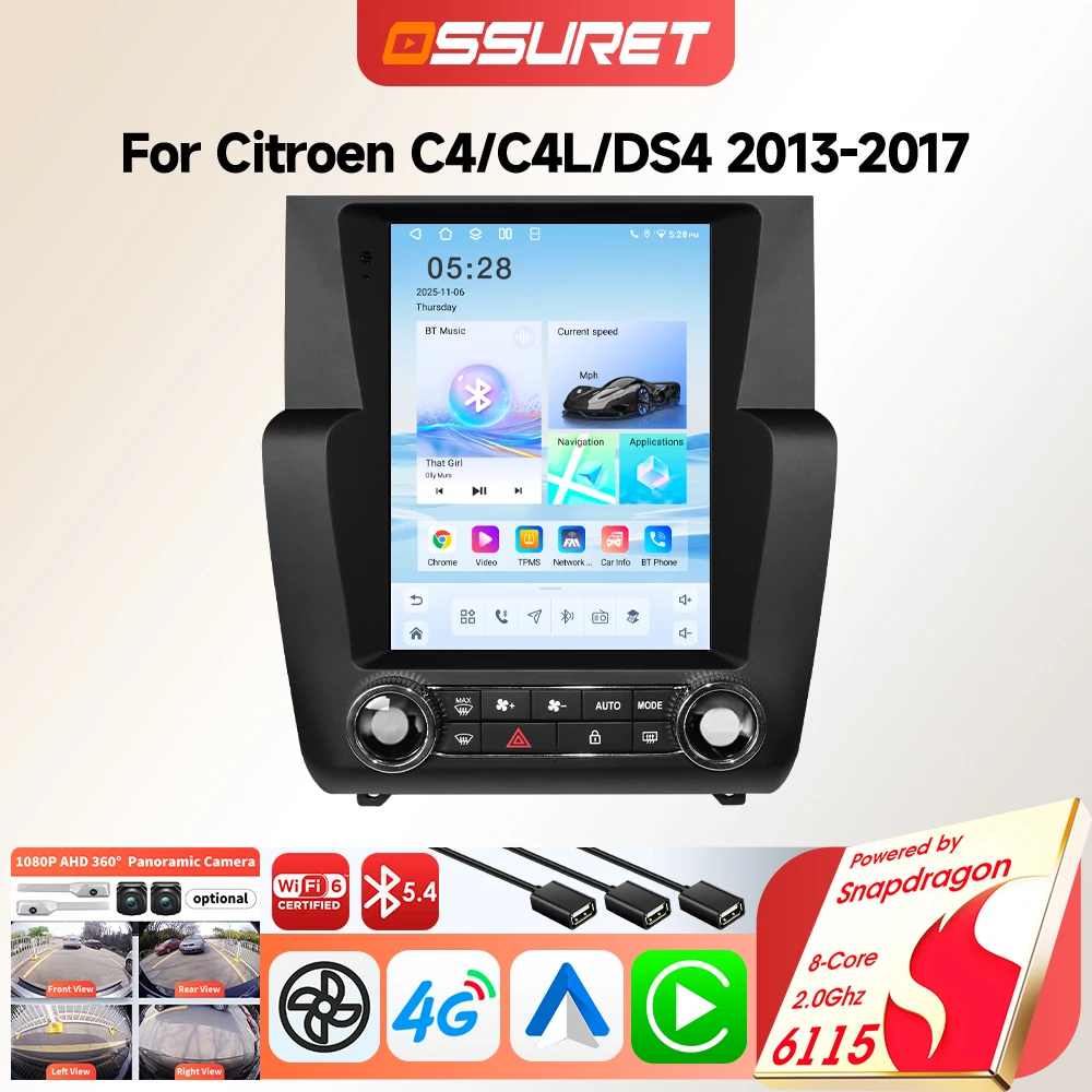 Autoradio Multimediale da 9.7 Pollici 6115 per Citroen C4 C4L DS4 2013-2017 con Carplay Wireless, Stereo RDS, Android Auto, GPS, Navigazione 4G