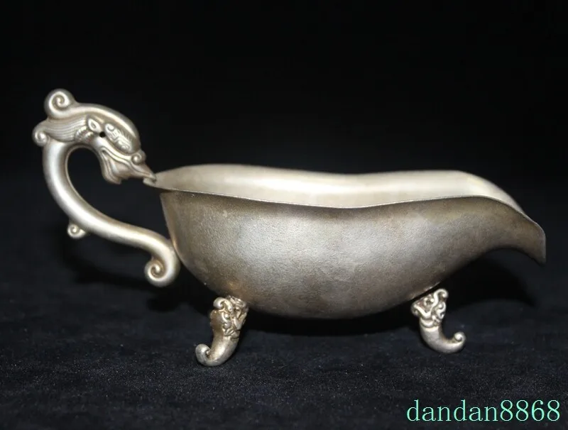 

Chinese Tibetan silver feng shui dragon handle goblet wine glass statue - Brass animal sculpture