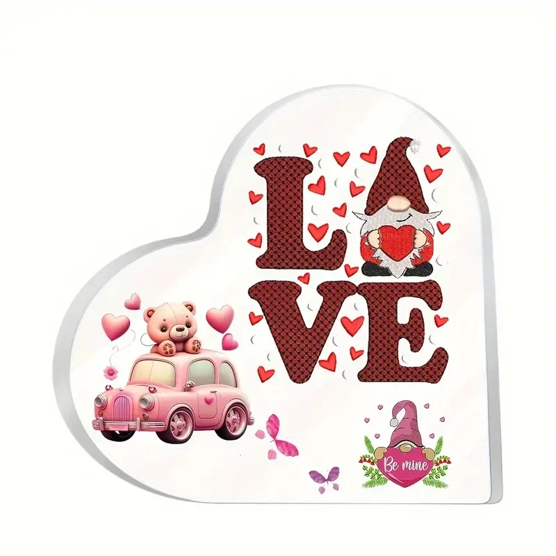 Pink Bear Car Print Acrylic Heart Plaque Crystal Glass Valentine's Day Gift for Friends Colleagues Keepsake Table Ornament Decor