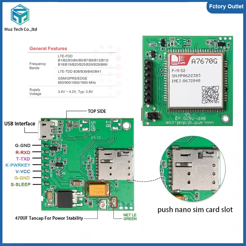 A7670G Push Nano Side Way SIM Slot Core Board Development Kits Global Bands SIMCOM 4G LTE Cat 1 Module Support Data/GPS