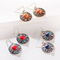 2022 Trendy Vintage Women Round Earrings Alloy Ethnic Colorful Drip Oil Boho Flower Earrings Orange Dangle Earrings Jewelry