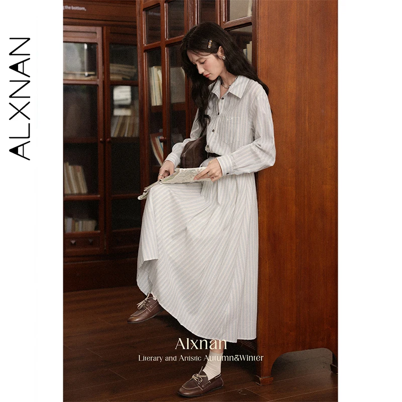 ALXNAN vrouwen Lange Jurk 2023 Herfst Nieuwe Gestreepte Kraag Jurken Lange Mouw A-lijn Elegante Vrouwelijke Kleding L56796