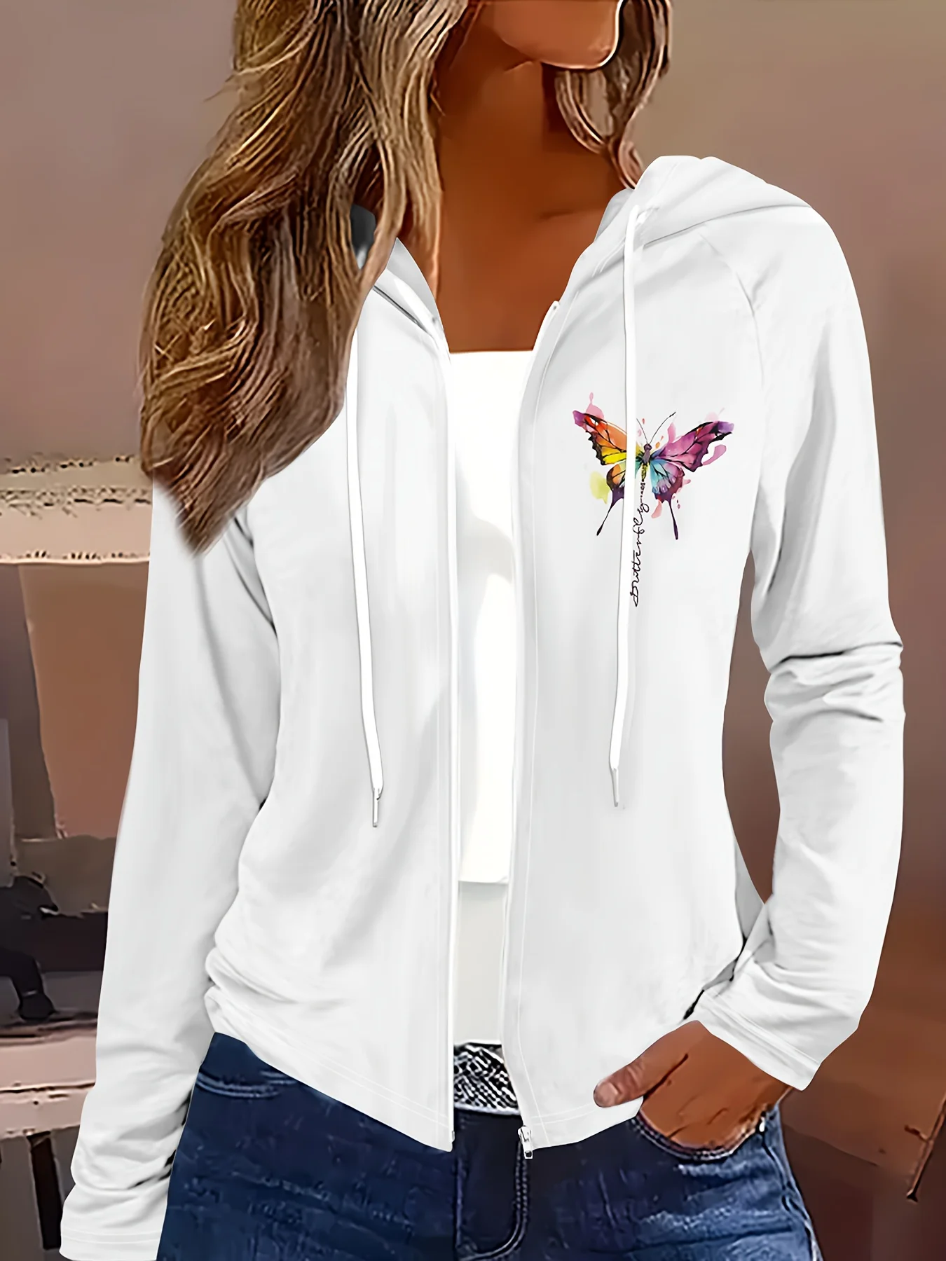 

Spring Autumn Casual Hooded Jacket with Colorful Butterfly Print Front Design Lightweight Warm Long Sleeve Outerwear for Men