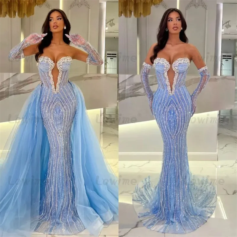 Baby Blue Crystals Evening Dresses With Detachable Train Sweetheart Beaded Prom Dress Formal Gowns For Wedding Party Customized