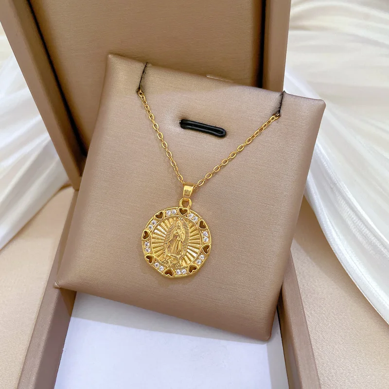 الفاخرة الجوف القلب الزركون مريم العذراء قلادة مستديرة قلادة للنساء الفتيات الفولاذ المقاوم للصدأ سلسلة الذهب اللون مجوهرات هدايا #2