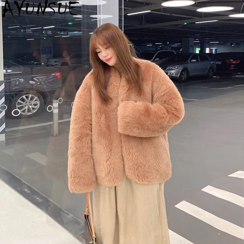 

AYUNSUE 100% Sheep Shearing Coat Women Thick Warm Wool Jacket for Women 2023 Winter Korean Style Fur Coats Jackets V-neck abrigo