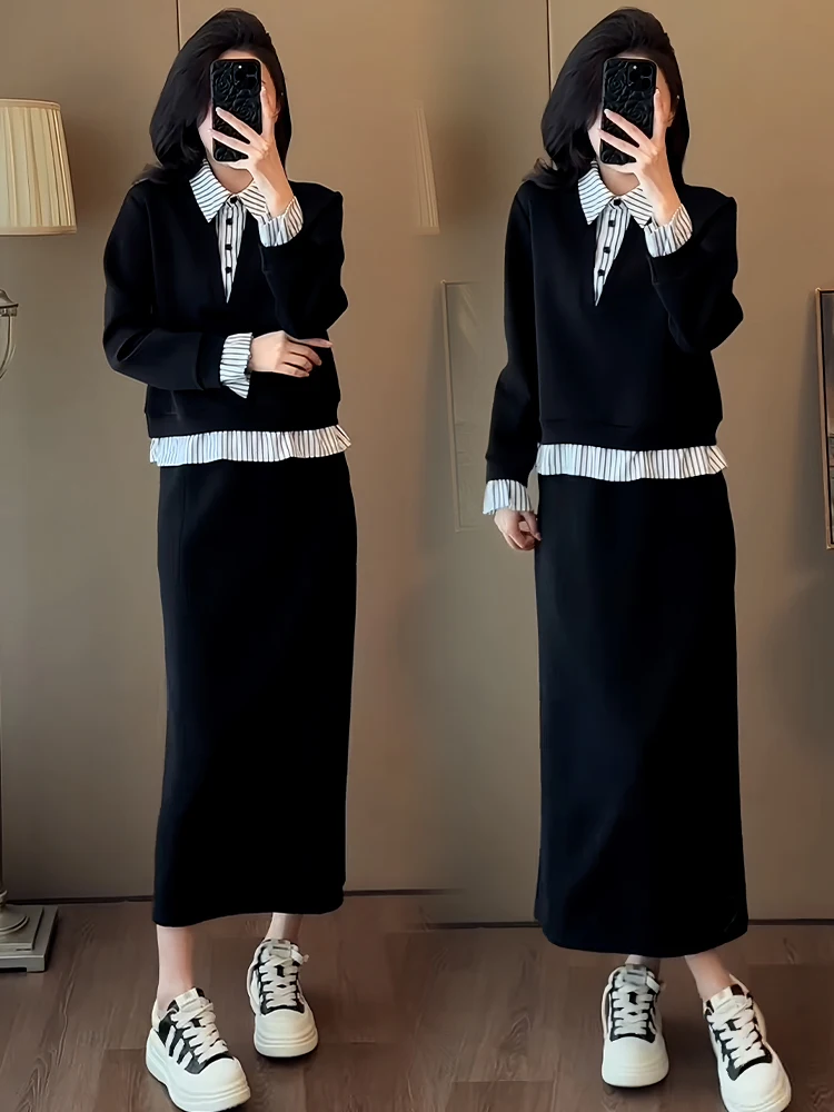 

Casual Color Blo Faion Set Women's High Waist Skirt Long Sve Top Bot Two-Piece Suit Spring Autumn New Sle