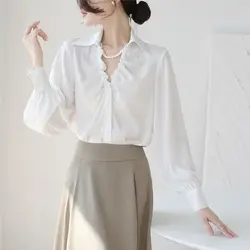 2024 New Autumn Woman's Clothing French Grace Style Elegant Satin Pearl Shirring Dangling Tall OL Temperament V-neck Classy Ins