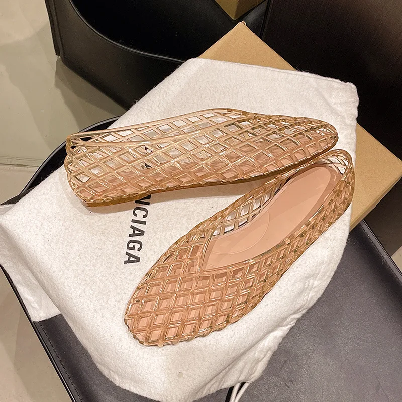 

Breathable Jelly Clear Flats Women Full Cage Weave V Neck Cutout Sandals Woman Sleek Streamlined Non Bulky Slip On Summer Shoes
