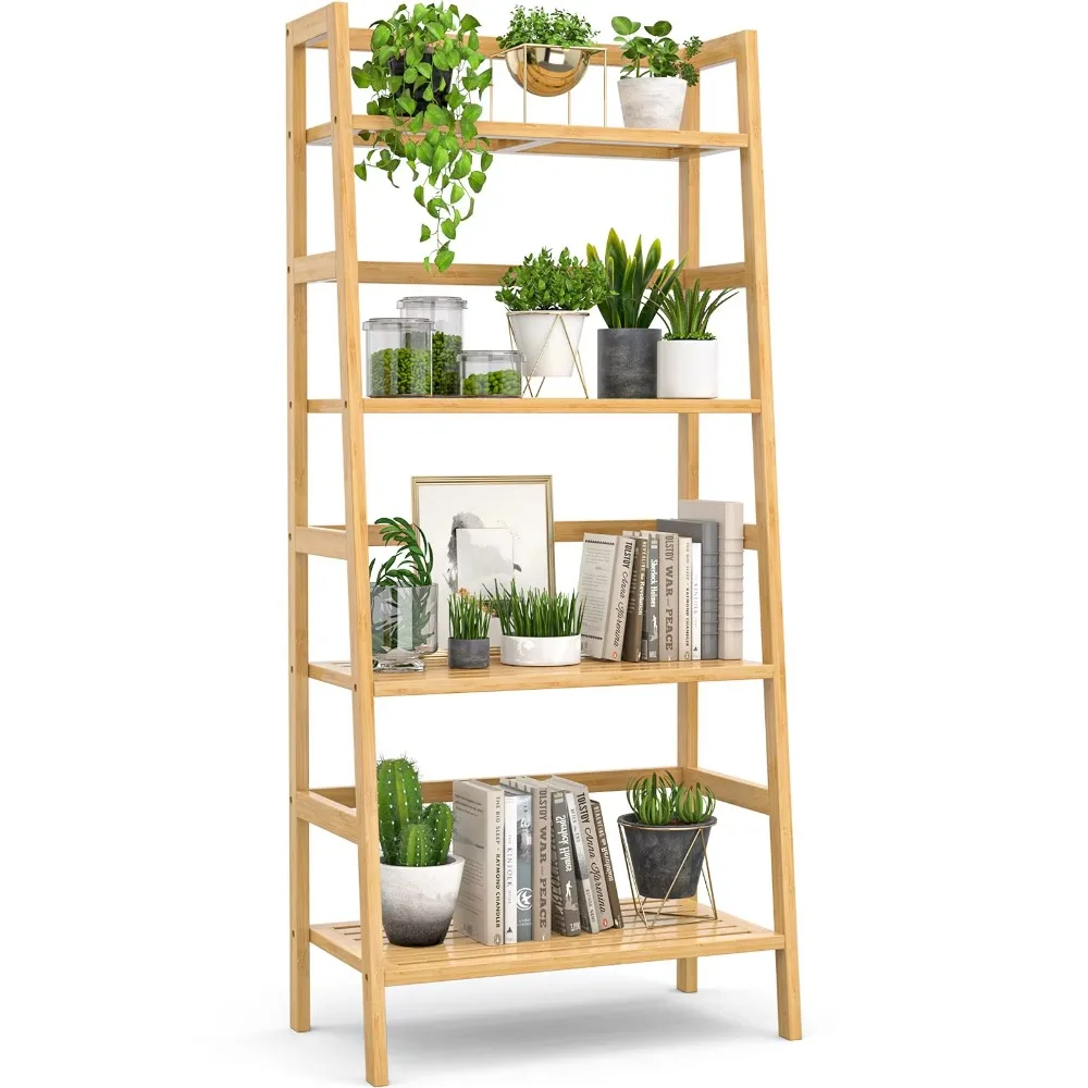 Bamboo 4-layer Book Ladder Frame, Bamboo and Wood Independent Open Bookcase Bookshelf Storage Unit Frame