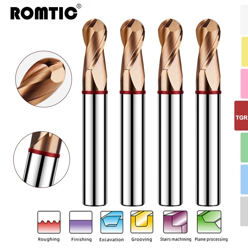 ROMTIC TGR-HRC55-carburo de tungsteno de acero para fresadora de acero revestimiento de anillo de Color 2F, herramientas de extremo de bola mecánica CNC