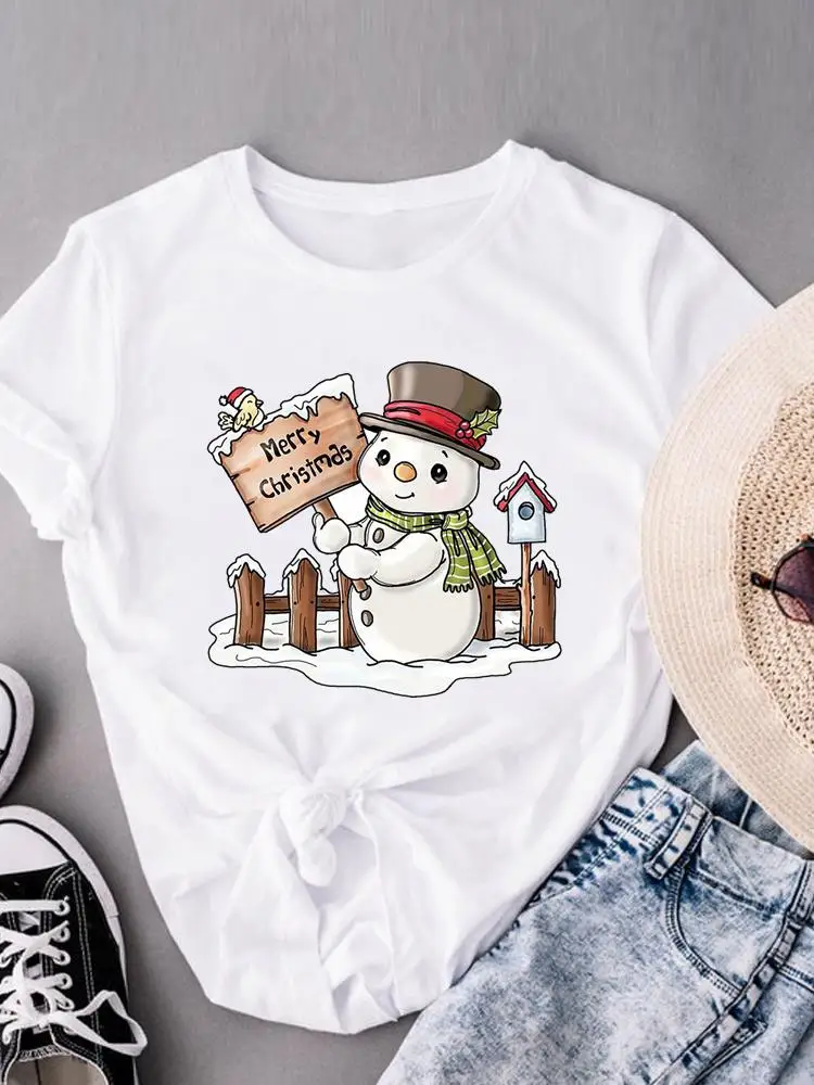 

Christmas Holiday Tee New Year Women Clothing Prints T Female Snowman Cartoon Style Fashion Short Sleeve Graphic T-shirts