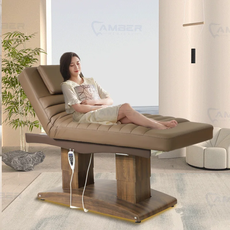 أثاث الصالون، سرير تدليك كهربائي قابل للتعديل، قاعدة خشبية بنية، سرير تجميل الوجه لصالون تجميل الوجه