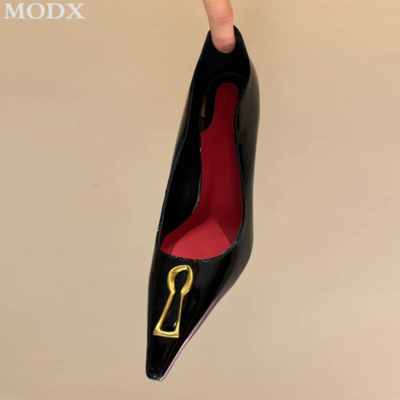 Luxury Designers Strange Style Metallic Embellished Shallow Heels Patent Leather Sexy Stiletto Women's Single Shoes Suede Pumps