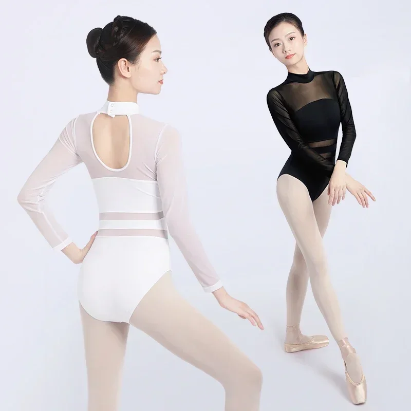 

Women Ballet Leotards Mesh Gymnastics Leotards Girls Stretch Black White Ballet Bodysuit Adult Dance Costumes