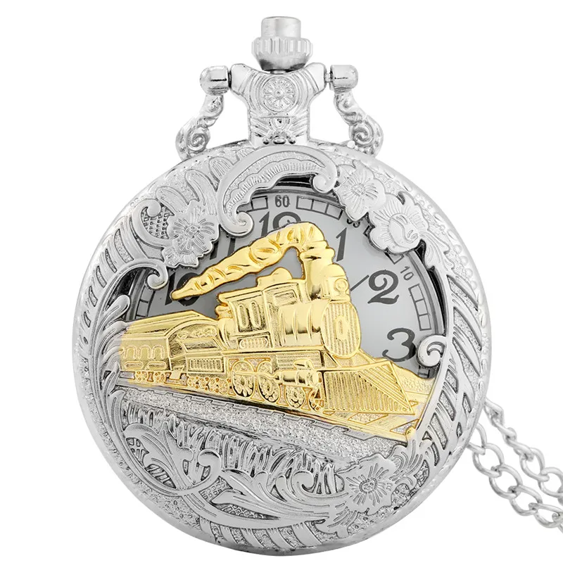 Bronze Hollow Out Locomotive Steam Train Clock Men Women Antique Quartz Pocket Watch Sweater Necklace Chain Gift Timepiece