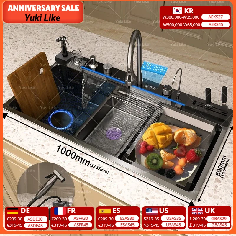 

Stainless Steel Waterfall Kitchen Sink Extra Large Single Slot Oversized Sinks Digital Display Dishwashing Basin