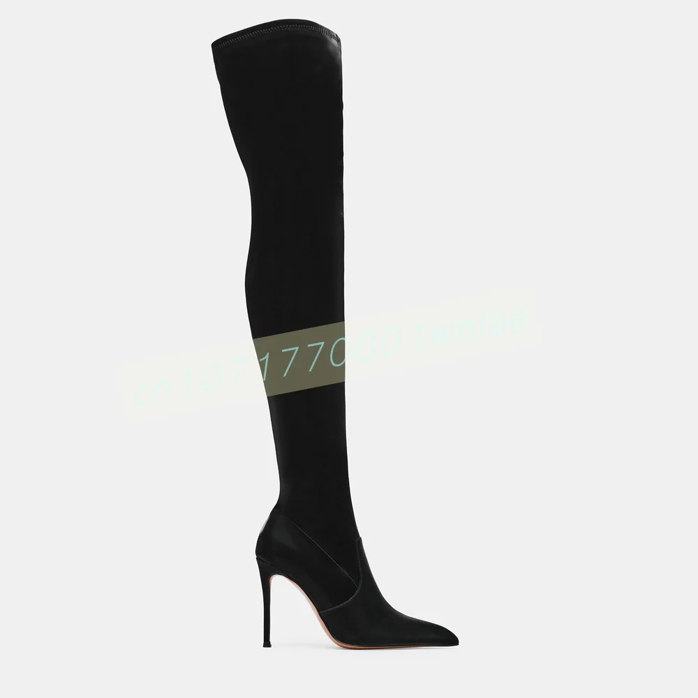 Women Black Over The Knee Boots Pointed Toe Stiletto High Heels Side Zipper Glossy Finish Thigh High Evening Party Dress Shoes