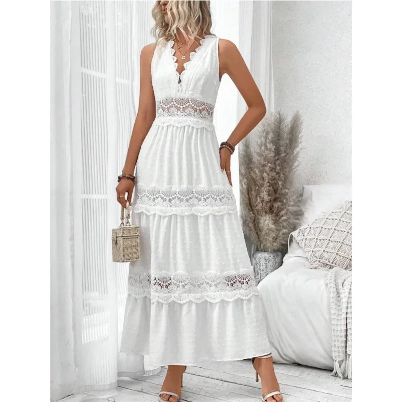 Women Casual Lace Patchwork Dress Lady Sexy V-neck Hollow Out Maxi Dresses Summer Sleeveless Bandage Bohemia Long Vestidos