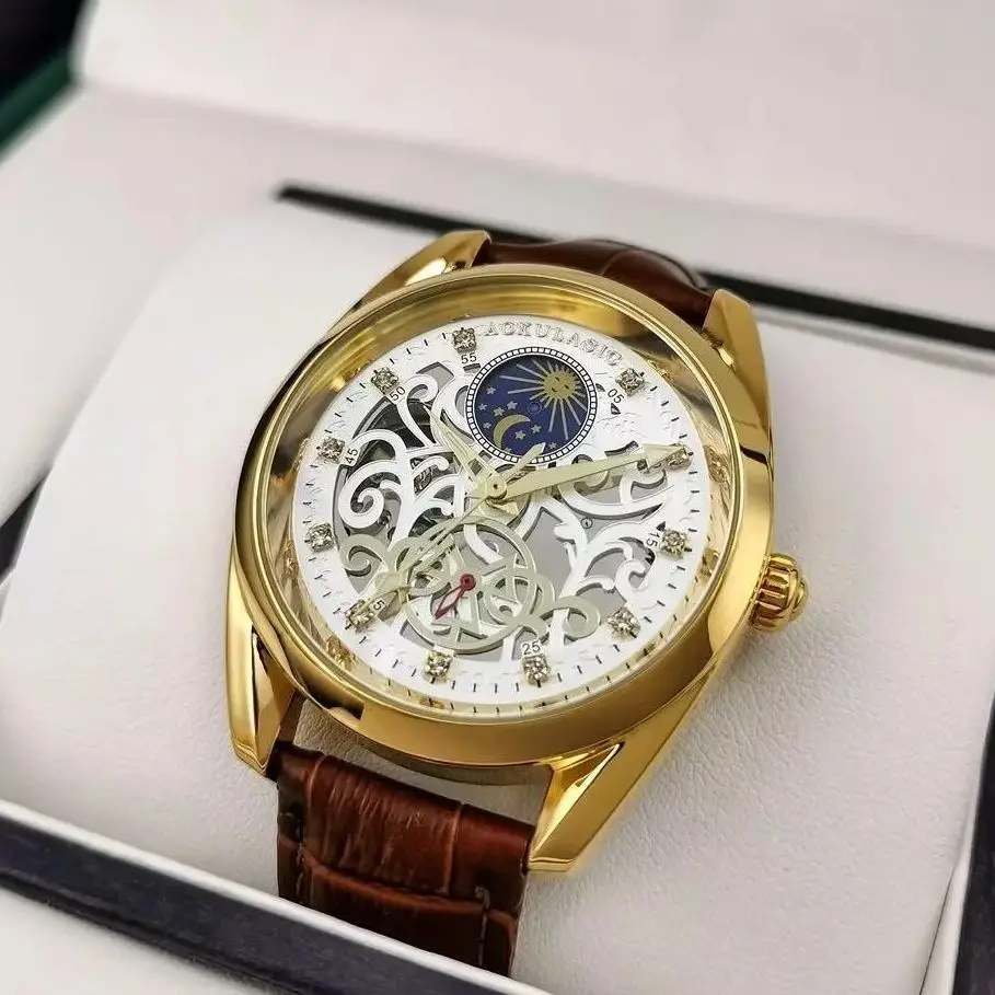 

Новые элитные, легкие роскошные, модные деловые повседневные часы для мужчин, механические часы, с автоматическим заводом, скелетонизированный дизайн, круглый циферблат, кожаный ремешок, стильный аксессуар, подходит для деловой и повседневной одежды, идеа