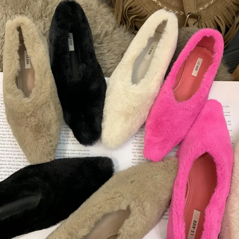 

New Style Fashionable Pointed Toe Fur Ballet Flat Woman Winter Warm Plush Shallow Loafer Ladies Concise Furry Heeled Dress Shoes
