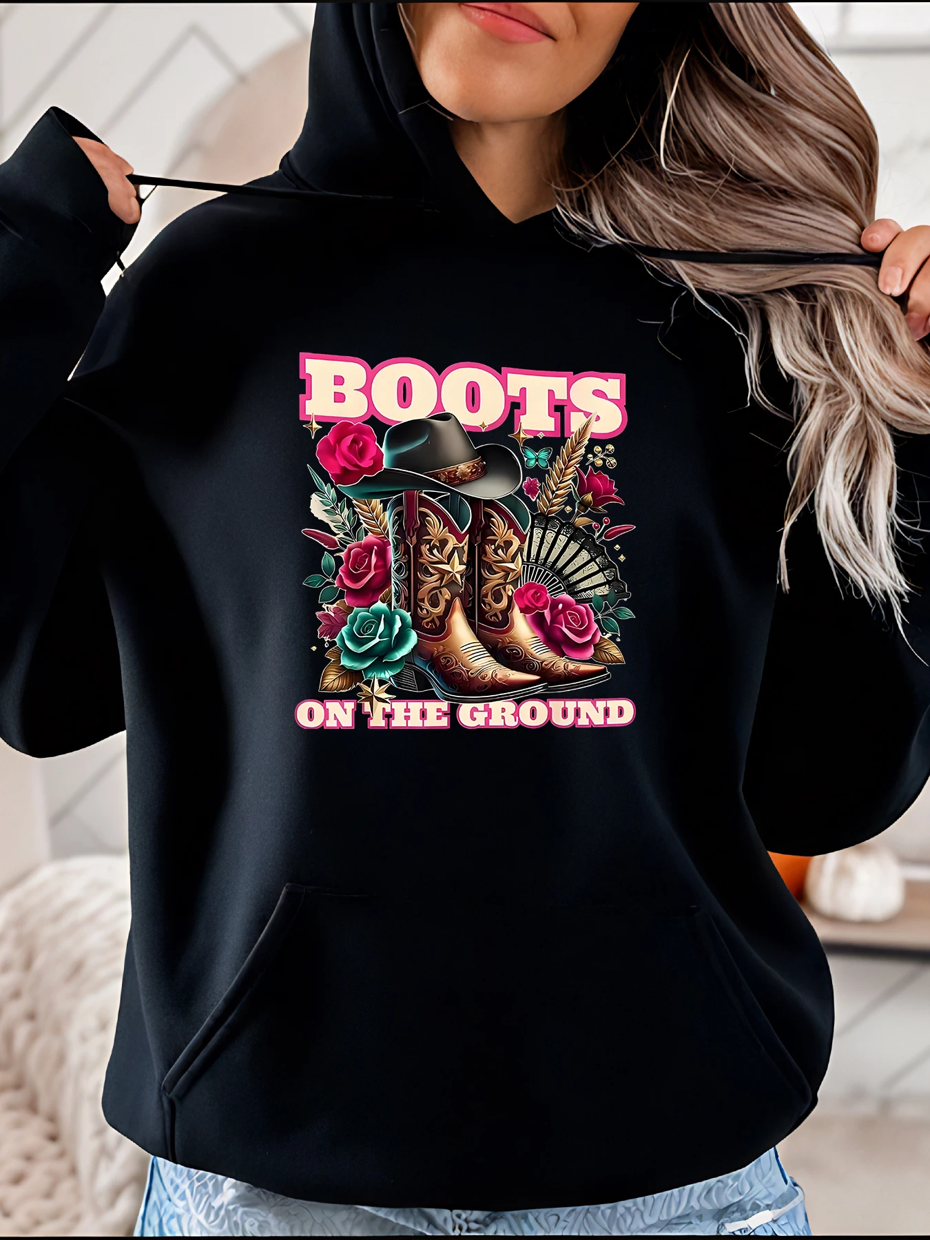 

Сапоги в стиле вестерн, толстовка с цветочным принтом, женская повседневная толстовка в стиле кантри, наряд для пастушки на осень-зиму