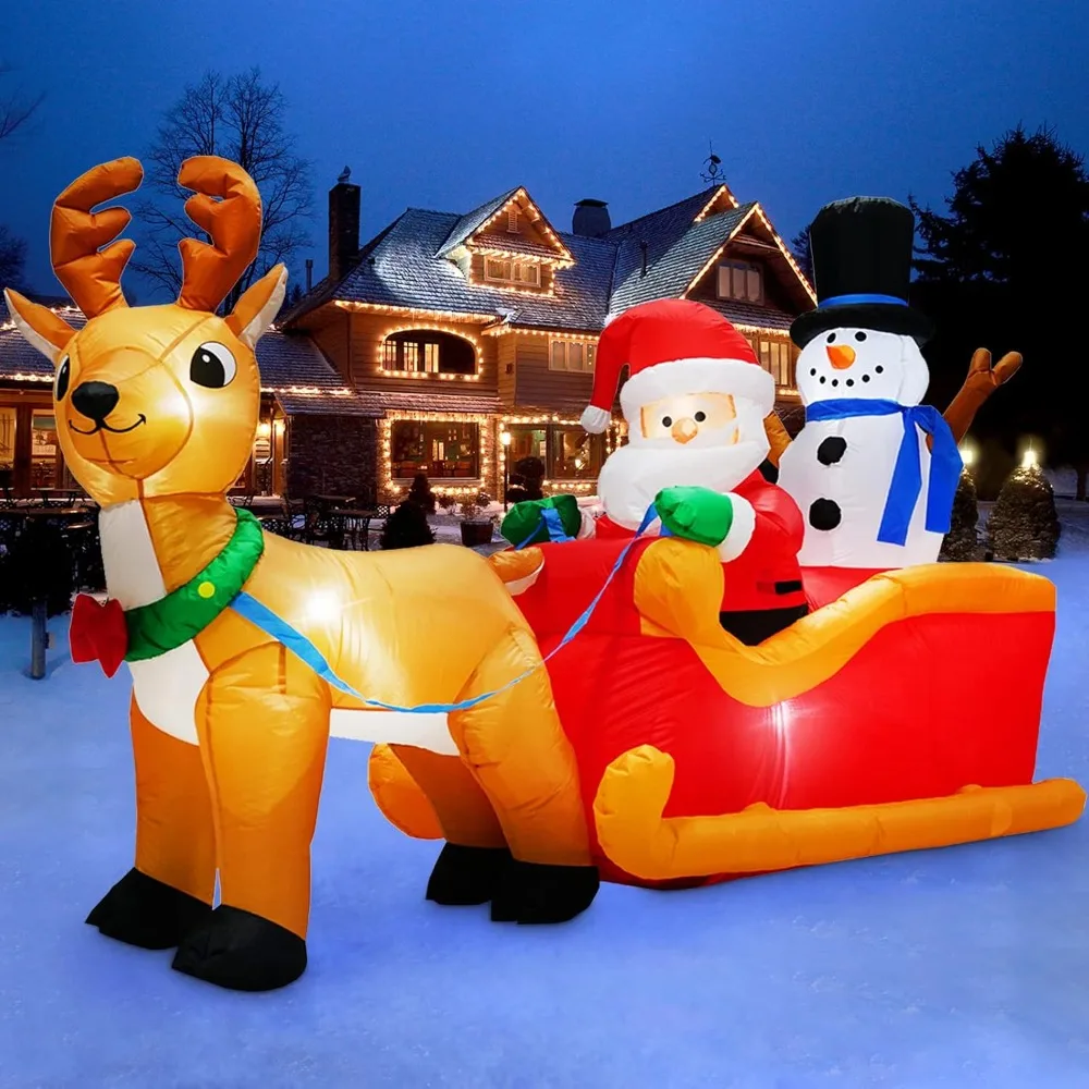 

6.6 FT Long Christmas Inflatable Santa Claus on Sleigh with Snowman and Reindeer Outdoor Decorations