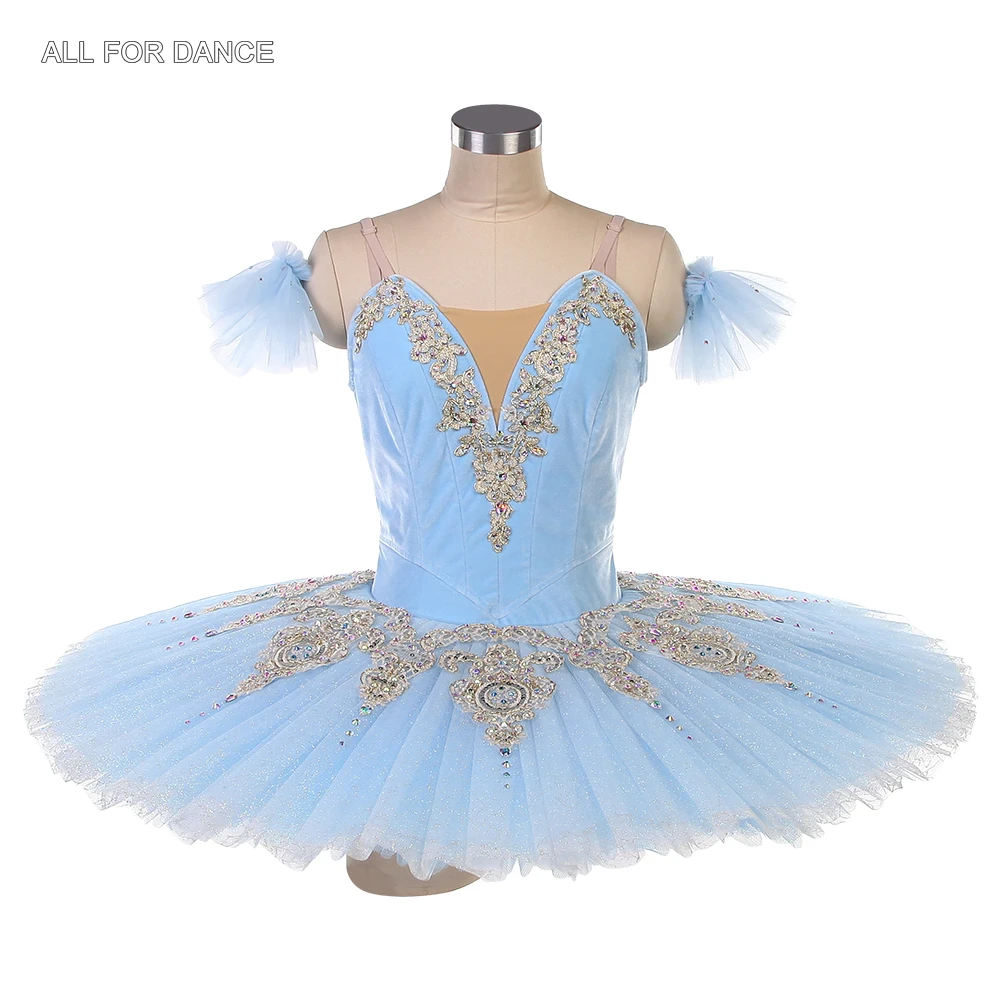 B25009 Pale Blue Velvet Bodice with Gold Trim Professional Ballet Tutu Women Made-to-Order Ballet Dance Costume Tutus