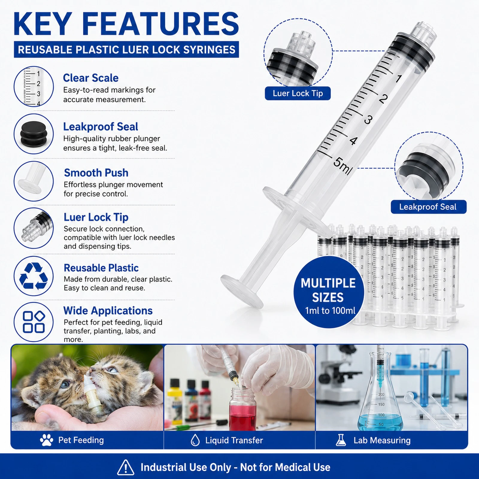 100Pcs-5Pcs Plastic Luer Lock Syringe 1ml-100ml Reusable Industrial Dispensing Lab Measure Glue Ink Pet Feeding Tool