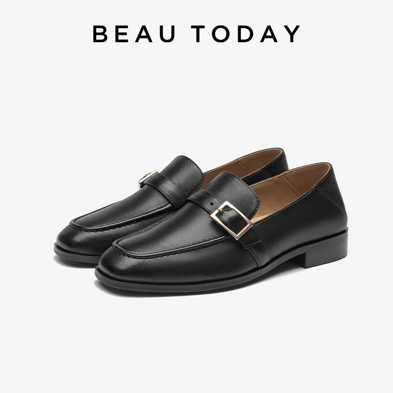 

BEAUTODAY Elegant Loafers Women Genuine Leather Buckle with Luxury Designer Platform Thick Bottom Height Metal Decoration 26144