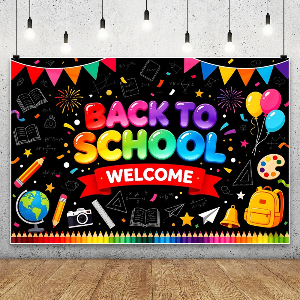 Back to School Backdrop for Children Birthday Party Colored Pencil Drawing Tools Rainbow Banner Photography Background Studio