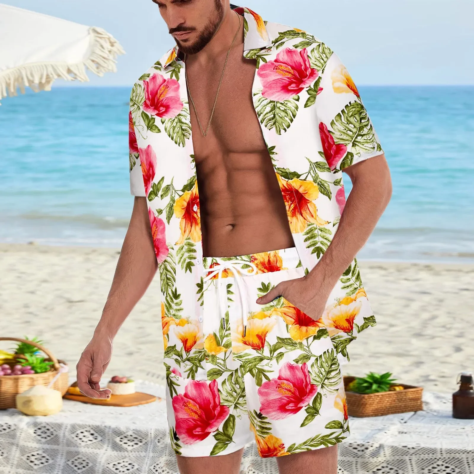 New Men Hawaiian Sets Printing 2023 Summer Short Sleeve Button Shirt Beach Tracksuit Shorts Streetwear Casual Mens Suit 2 Pieces