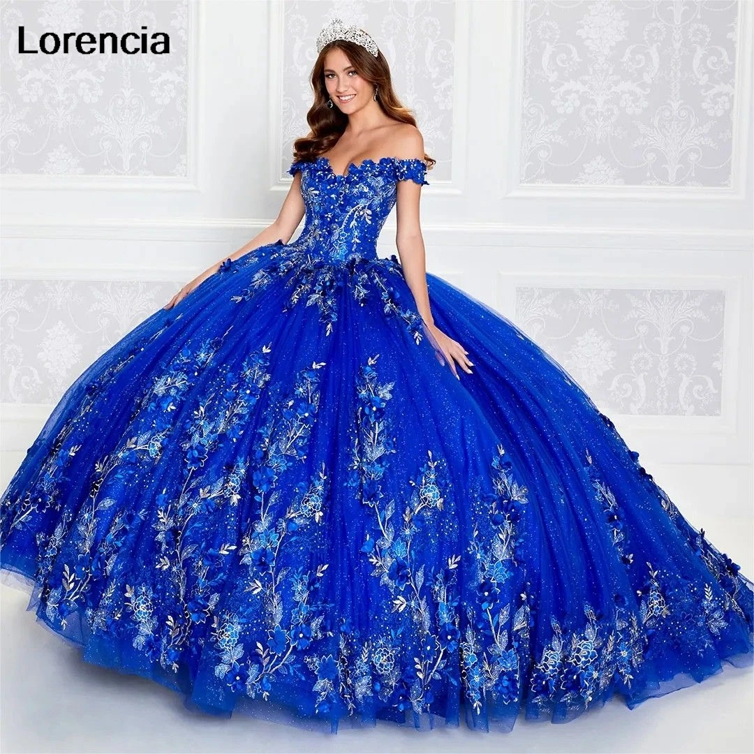 Lorencia Glitter Royal Blue Pink Quinceanera Dress 3D Flower Lace Applique Beading With Cape Sweet 16 Vestidos De 15 Años YQD663