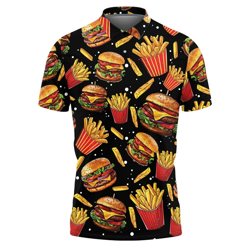 Funny Fast Food Graphic Mens Polo Shirt Casual Summer Short Sleeve 3D Printed Kids T Shirts Personality Lapel Button Loose Tees