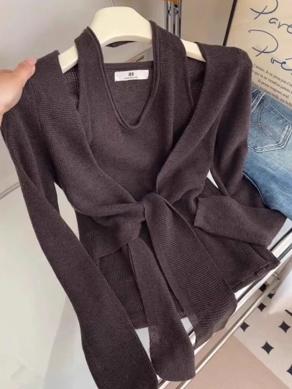 

Модный трикотажный топ больших размеров кофейного цвета с длинным рукавом и поясом для женщин, ранняя весна, премиум-класс, корейский стиль, приталенный крой