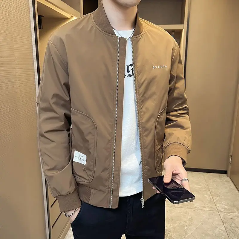 

Korean Trend Fashion Autumn Winter Coats Men Baseball Collar Zipper Letter Label Pockets Casual Long Sleeve Cargo Jackets Tops