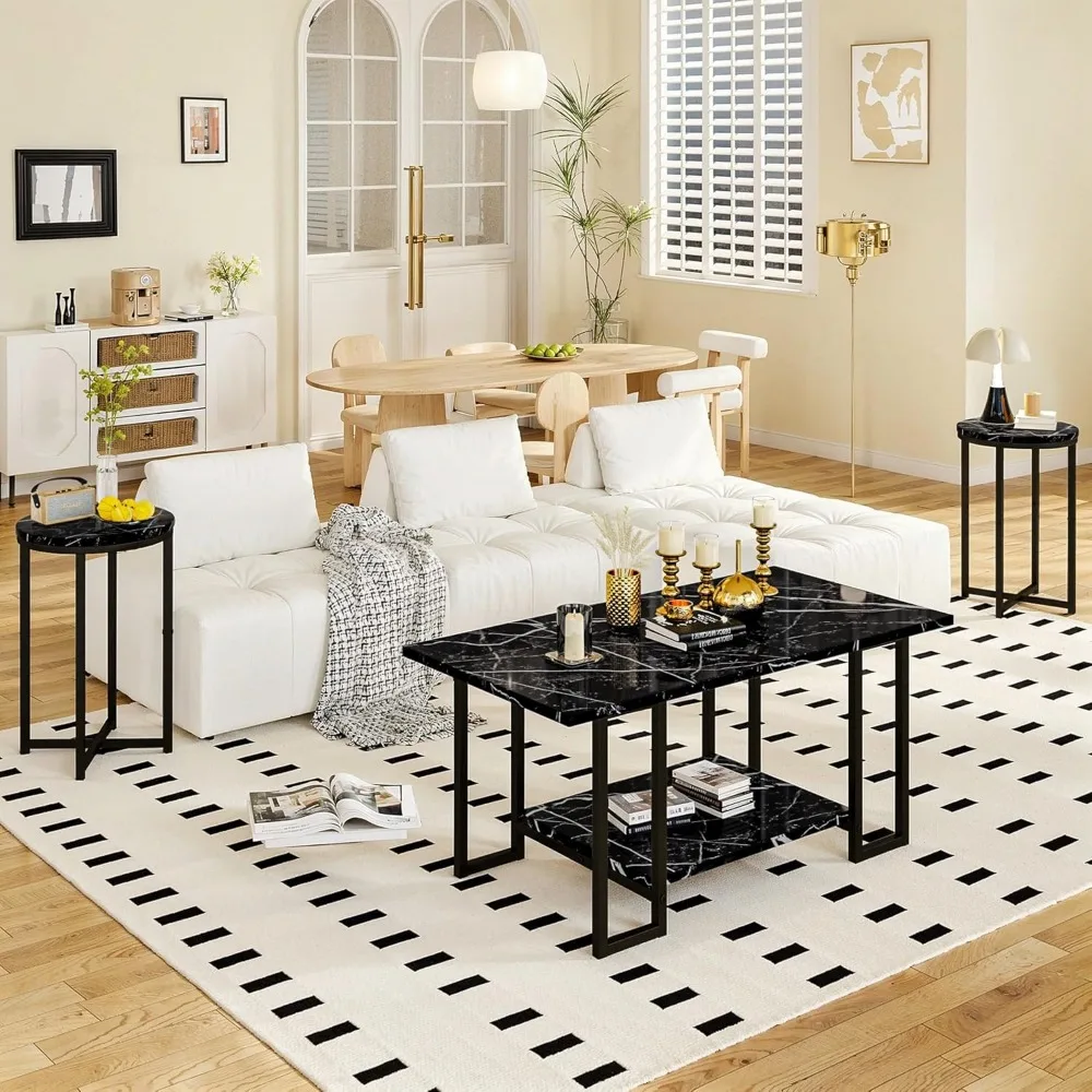 3-Piece Living Room Table Set: Faux Marble Coffee Table and 2 Round End Tables with Metal Frame